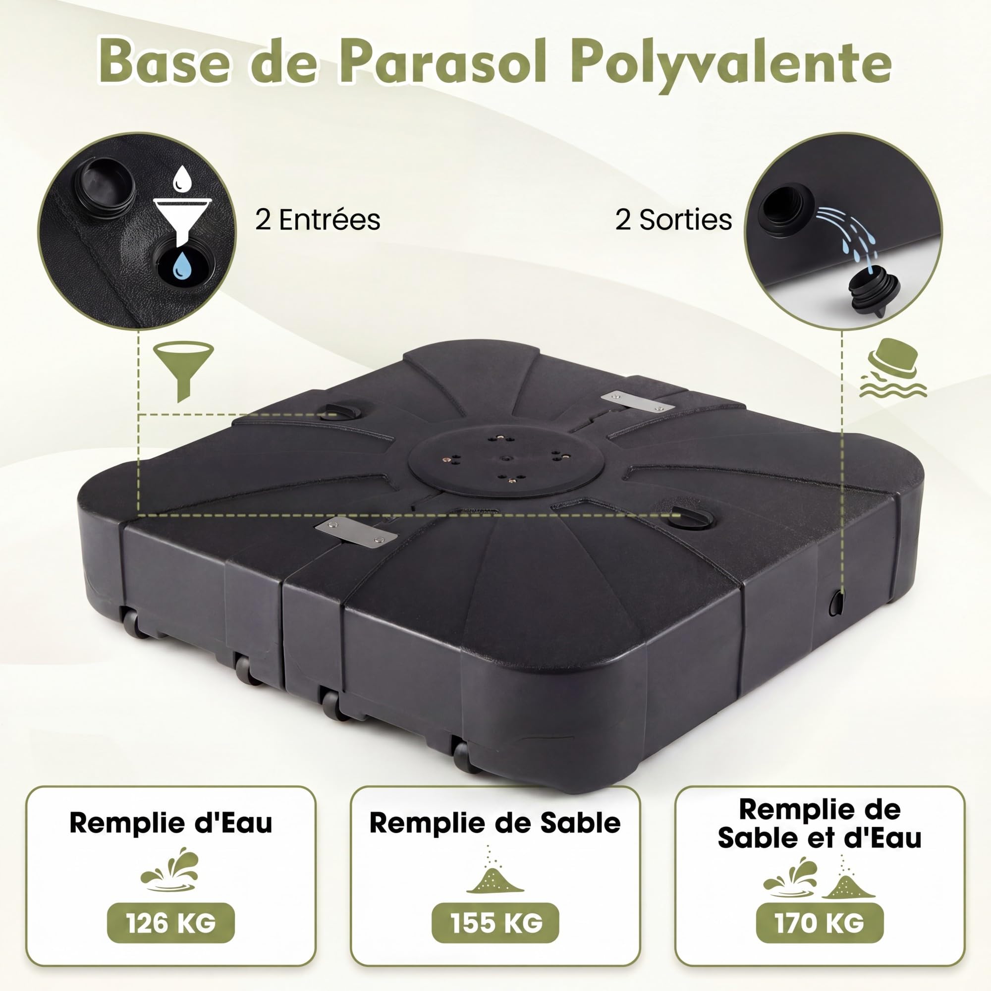RELAX4LIFE Base de Parasol Déporté avec roulettes, HDPE 170 KG (Noir)