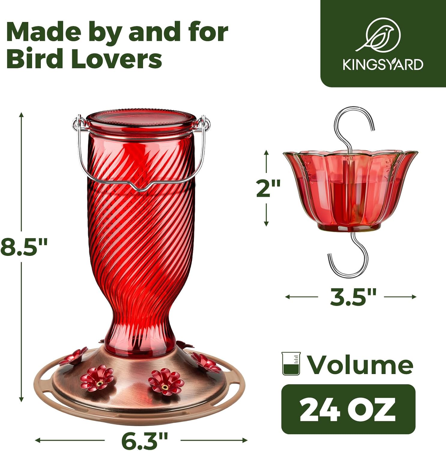 Kingsyard Glass Hummingbird Feeders for Outdoors, 24 oz Hummingbird Nectar Feeder for Garden Decorations with 6 Feeding Ports, Ant Moat Included, Gifts for Women Mom, Easy to Clean & Refill, Red - Image 2