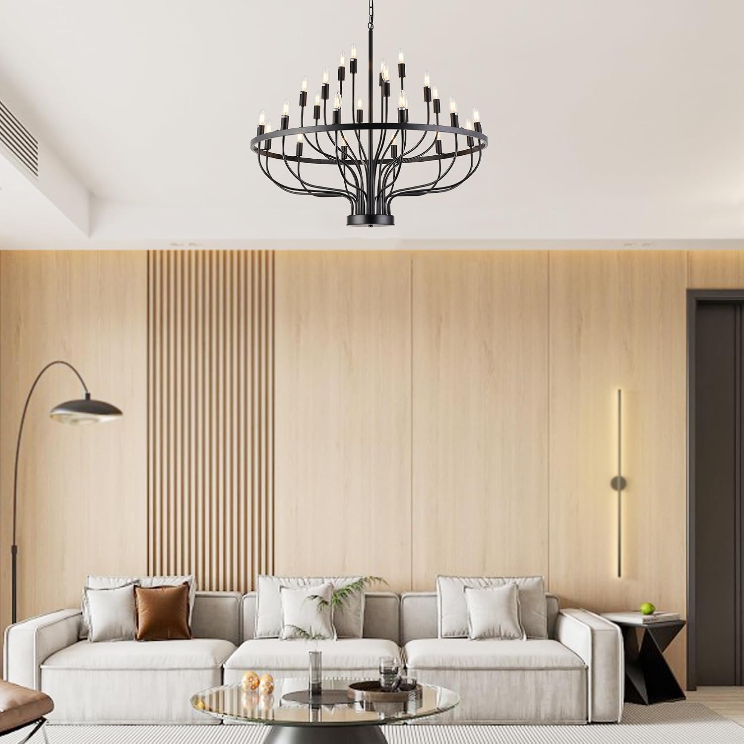 XILICON Black Larger Chandelier 24 Lights Industrial Vintage Ceiling Hanging Light Fixture Modern Candle Industrial Round Iron Chandeliers Wagon Wheel Chandelier Lighting for Dining Room Living Room