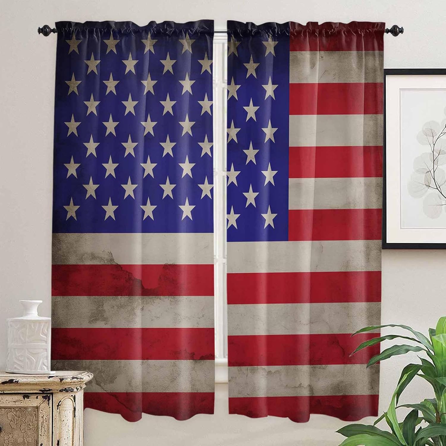 American Flag Kitchen Curtains, USA Flag Retro Light Filtering Window Curtain Panels, 2Pcs Rod Pocket Window Treatments Set for RV Dining Room Study Room 42x45 Inches