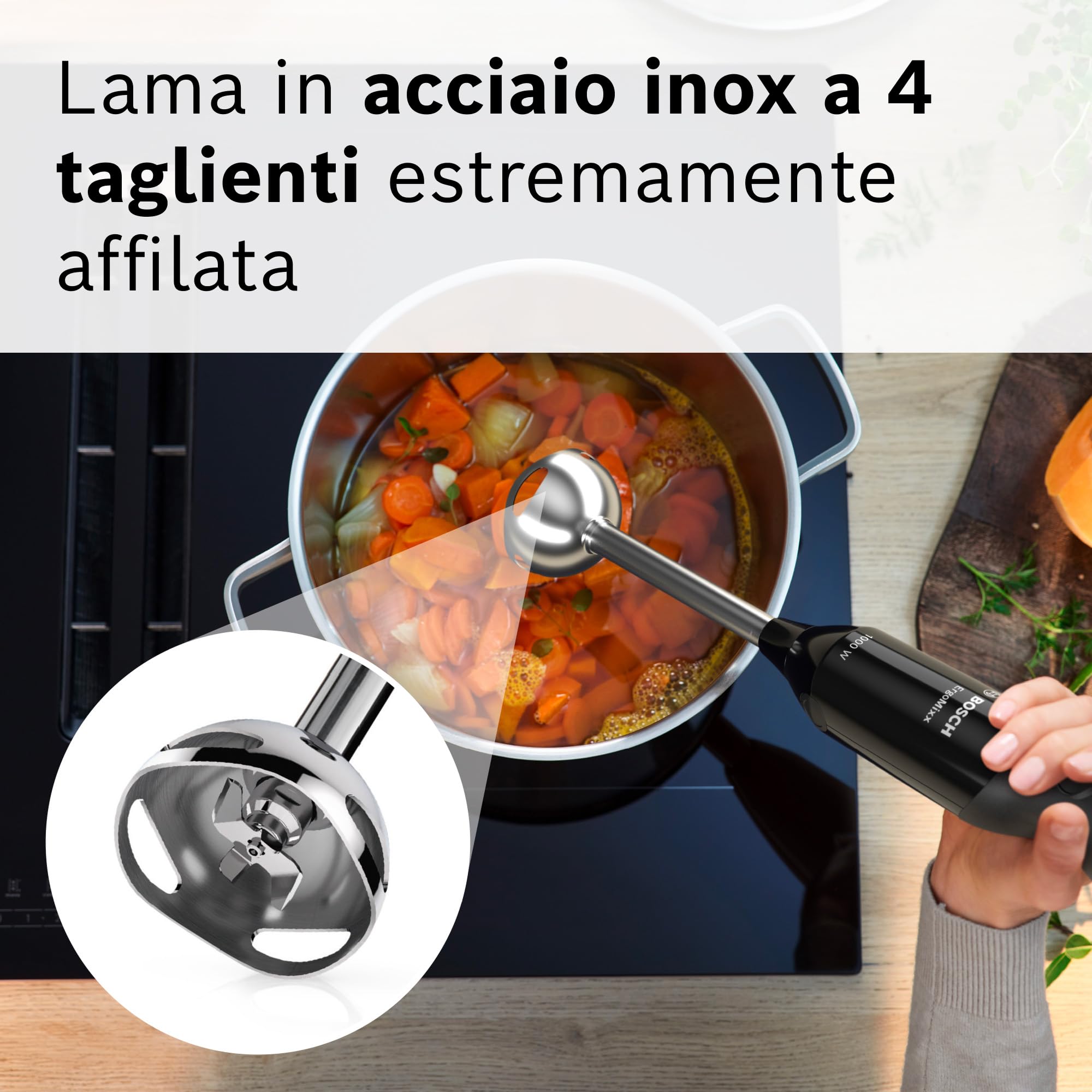 Bosch Frullatore a Immersione MS61B6150, 1000 W, Impugnatura Ergonomica, Lama a 4 ali Acciaio Inox,12 Velocità e Funzione Turbo, Accessorio Tritatutto e Frusta, Bicchiere Graduato, Nero