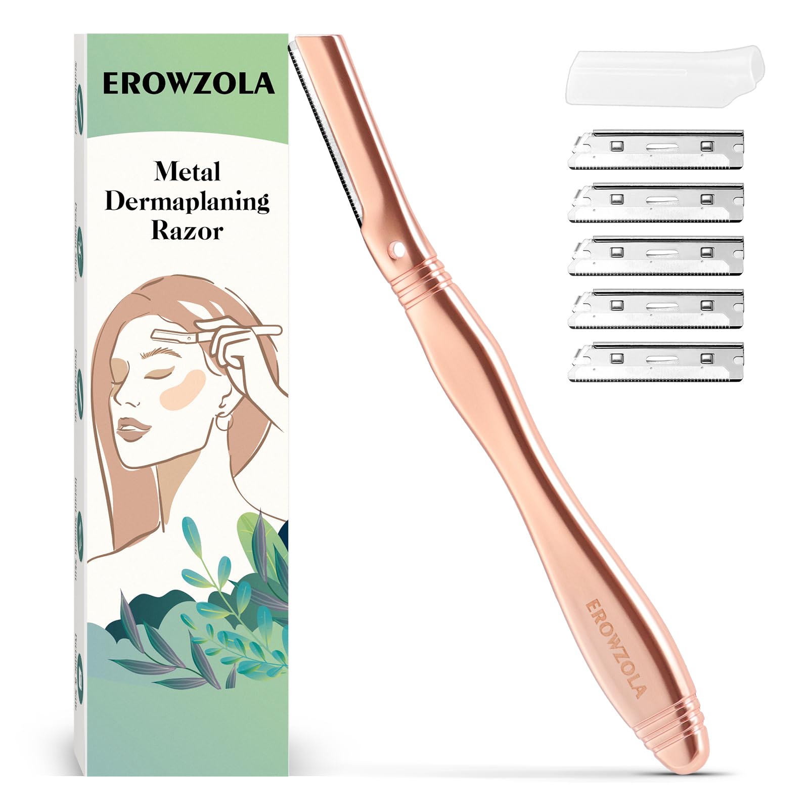 EROWZOLA Eyebrow Razor for Women and Men, Face Razors for Women, Dermaplane Razor with Protective Silicone Cover, Reusable Metal Handle with 6 Refill