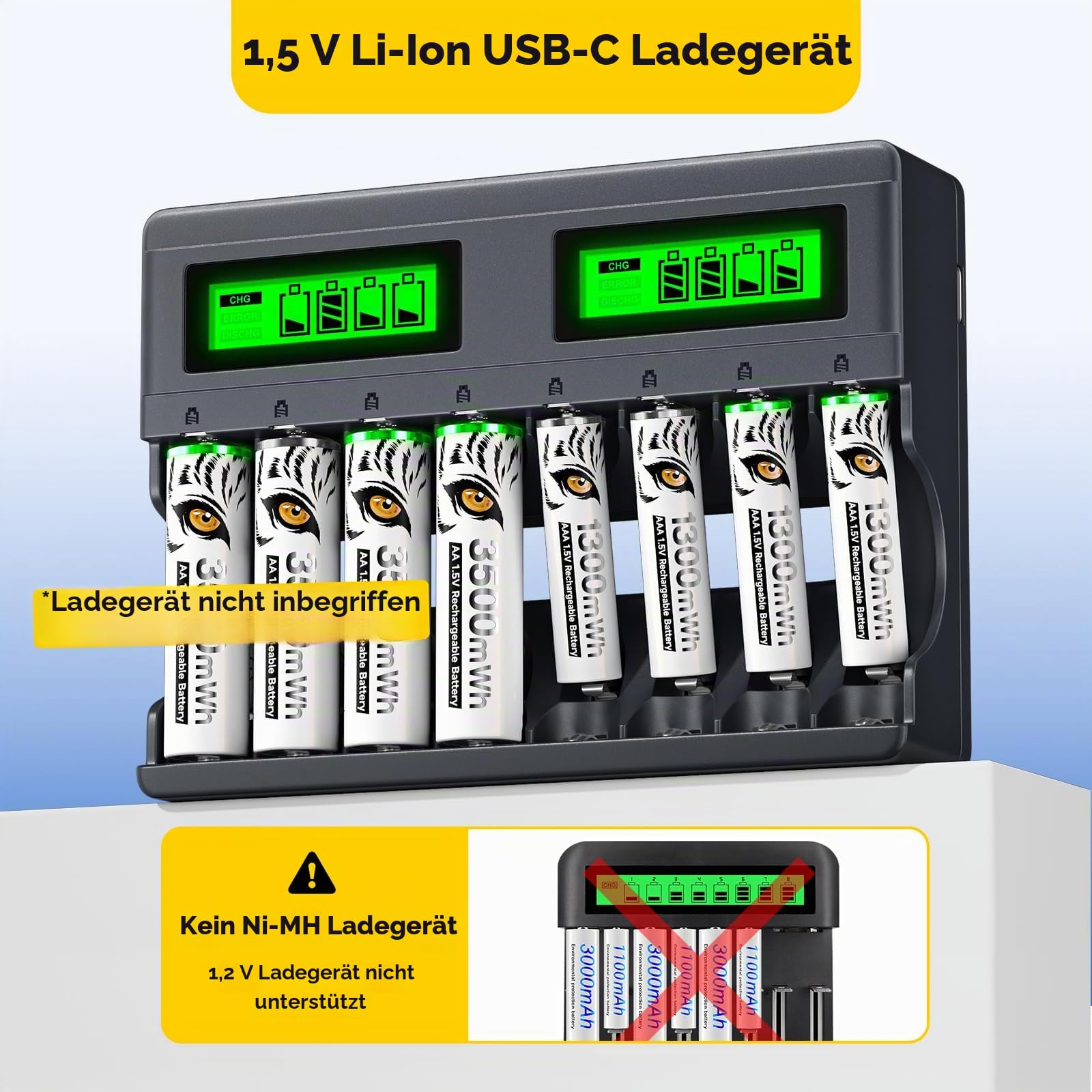 Lithium AAA Akku 1.5V 1300mWh, Tiger-Drucken & mit Ladelicht, 1500 Zyklus Geringe Selbstentladung AAA Batterien Wiederaufladbare, 16 Stück Akkus mit Batteriekasten