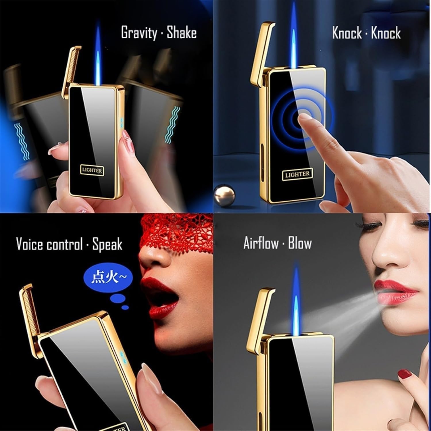 Intelligent Voice-activated Switch Ignition Lighter, Blue Jet Torch Flame Windproof Lighter, Piano Paint, Ultra-thin Butane Gas Lighter, Rechargeable Lighter,Birthday Gifts for Men, Men's Gifts(Blue)