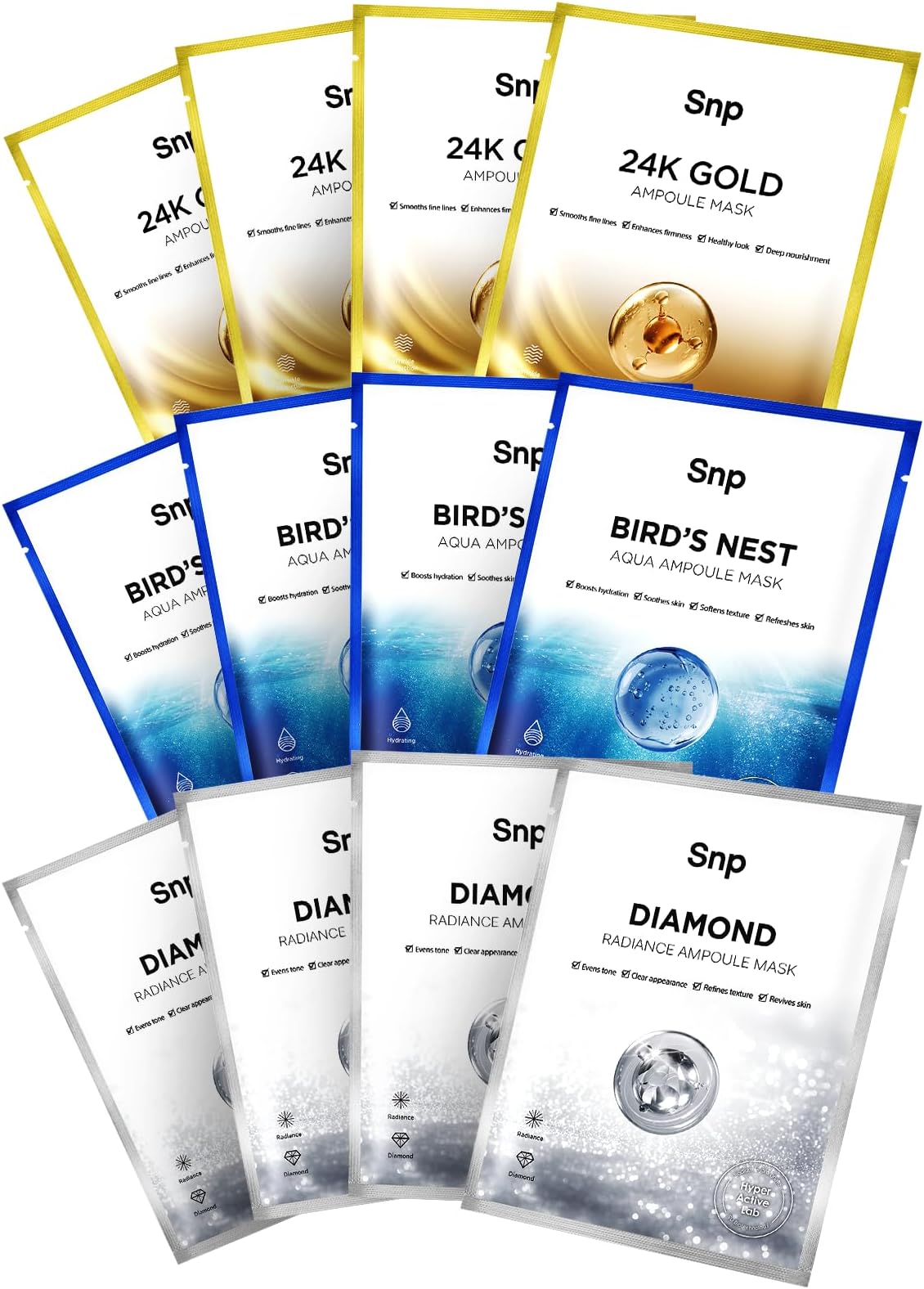 SNP Shining Nature Purity 12 Pcs Variety Ampoule Mask Set - Bird's Nest, Gold Mask with Collagen, Diamond Best Gift korean facial skincare set hydrating brightening sensitive vegan kids