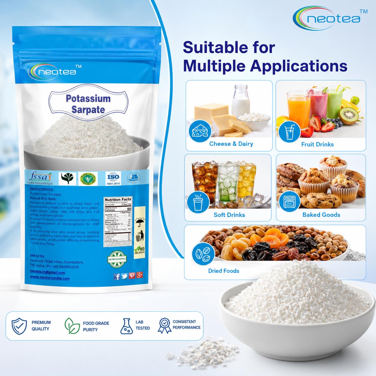 Neotea Potassium Sorbate Food Grade Preservative Powder | Helps Maintain Freshness in Food & Beverage Preparations | Multipurpose Ingredient for Baking, Beverages, Sauces & Homemade Recipes | 100% Pure | Resealable Pack 250 Gm — Amazon image 4
