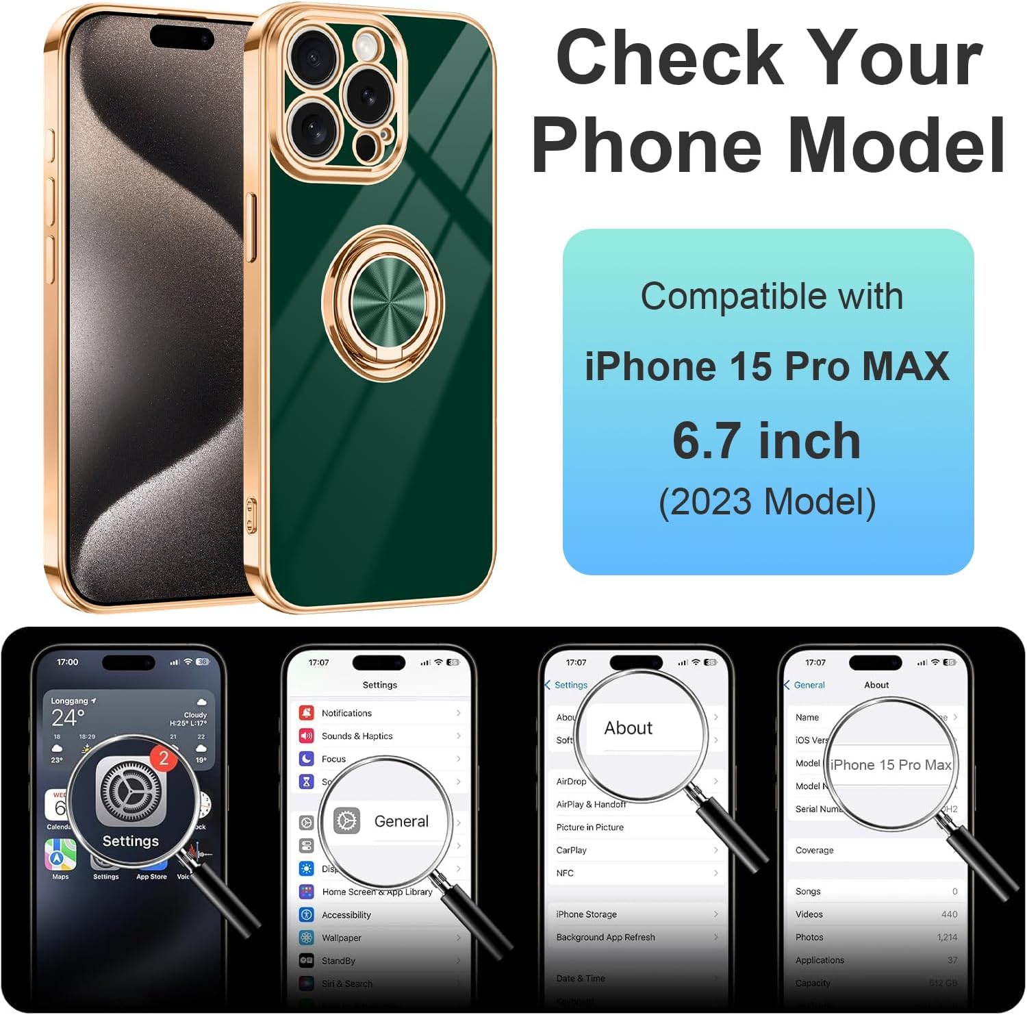 Dinick Designed for iPhone 15 Pro Max Case with Ring Holder Soft TPU Bumper Glitter Plated Slim Cover for Women Men Finger Stand for iPhone 15 Pro Max Case Green and Gold - Image 7