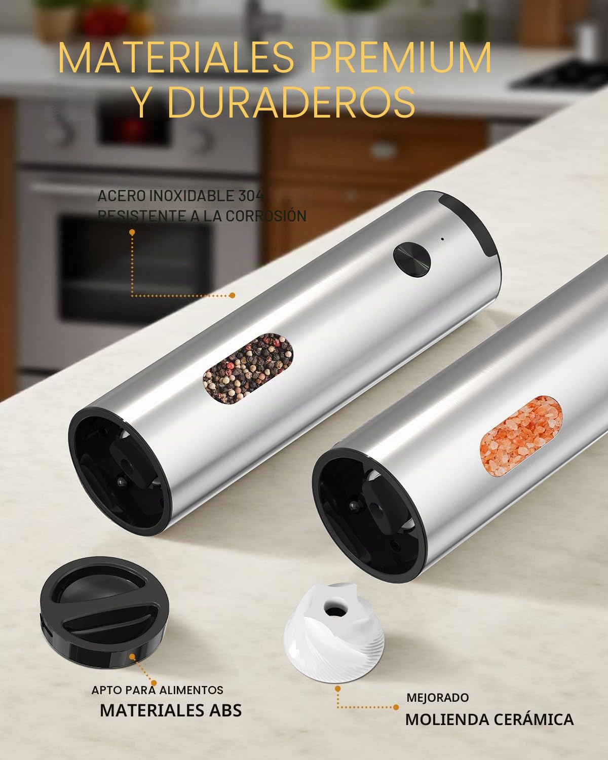 CIRCLE JOY Juego de Molinillos de Sal y Pimienta Recargables con Base de Carga, Grosor Ajustable, Capacidad de 110ml y Luz LED Blanca, Plata