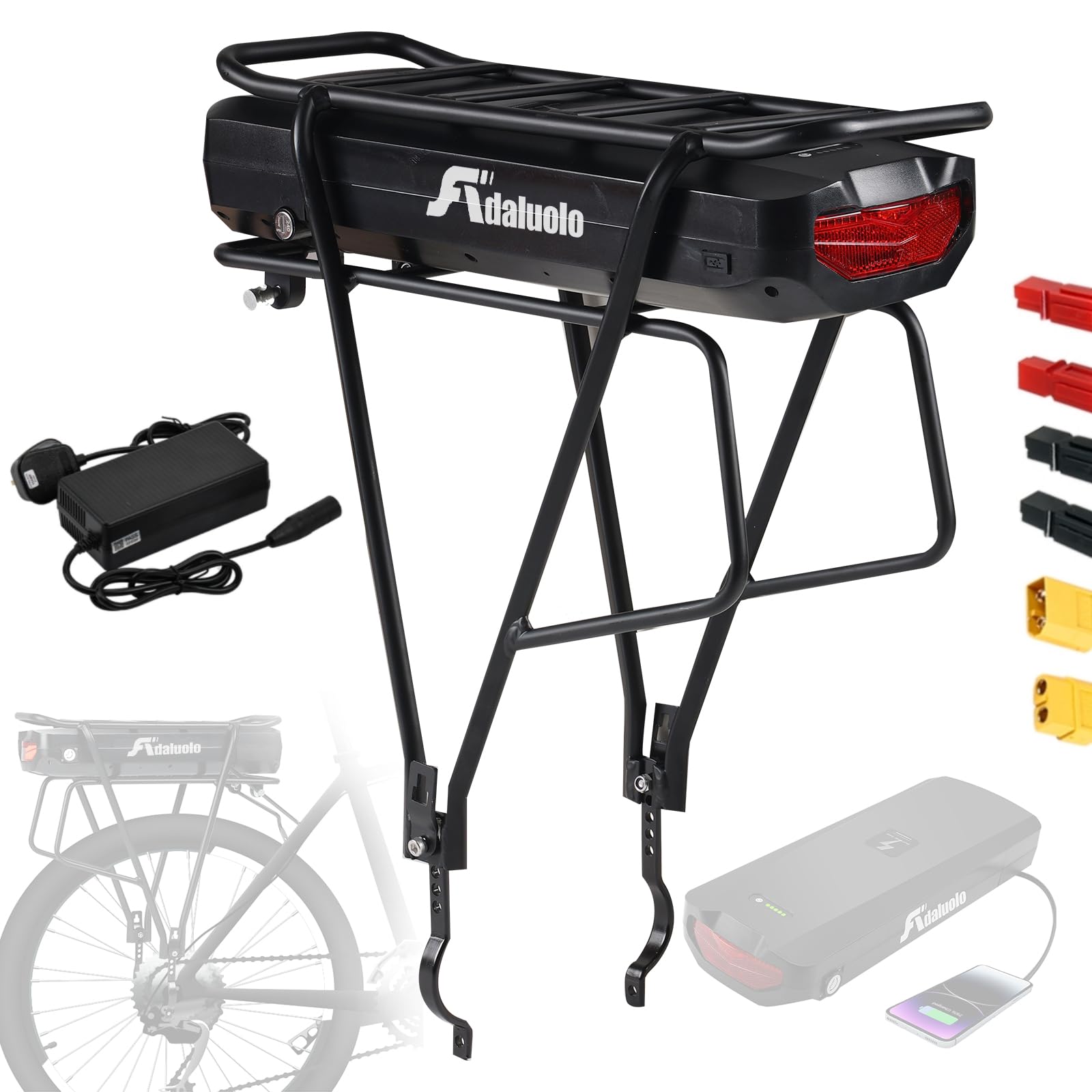 Adaluolo Rear Rack Ebike Battery 52V 17.5AH Long Range Electric Lithium-ion Bike Battery with Charger, Luggage Rack, USB Port and Tail Light for Most Bike Wheel Size 24"/26"/28"