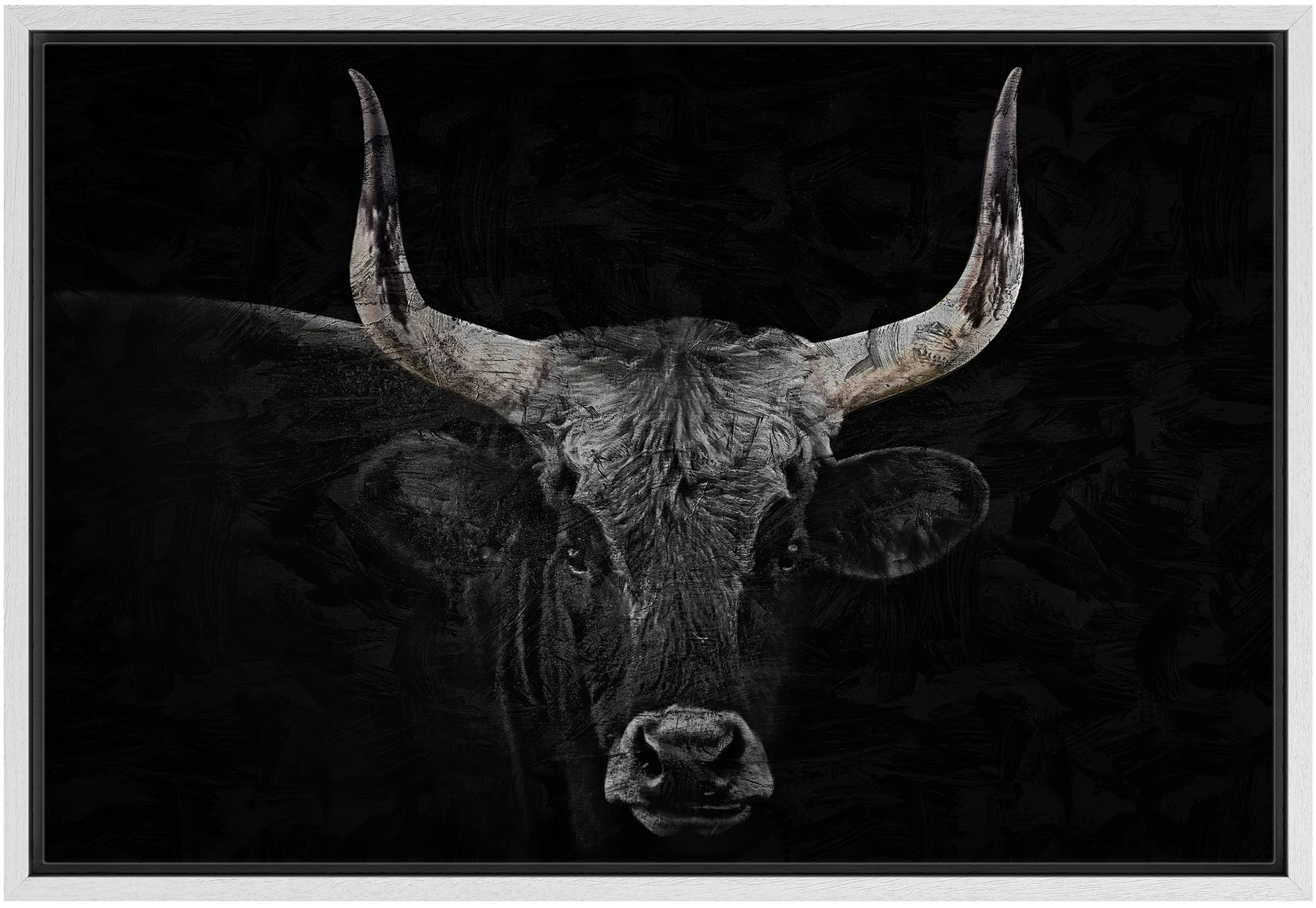 signford framed canvas print wall art bull portrait cow head realism farmhouse country southwest texas nature wilderness animals photography decorative minimalism realism for bedroom - 16"x24" white