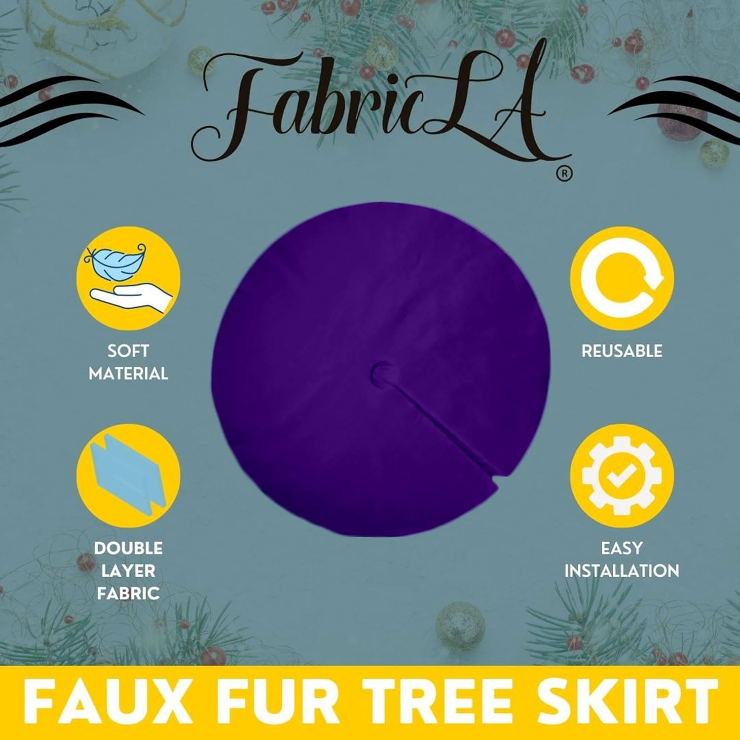 FabricLA Purple Faux Fur Tree Skirt Cut - 48-Inches with Rounded Edges (No Backing) for Christmas