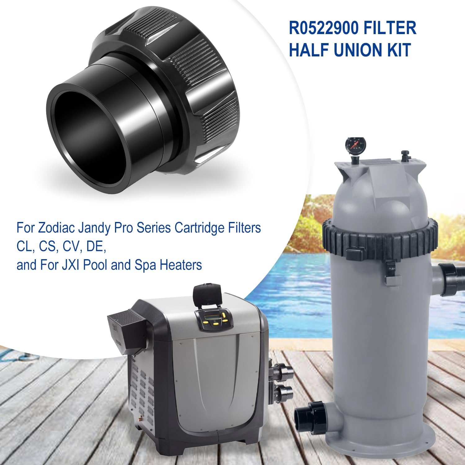 R0522900 Half Union Fitting with O-Ring Replacement Parts Fit for Zodiac Jandy Pro Series Cartridge Filters CL, CS, CV, DE, and for Jandy JXI Pool and Spa Heaters