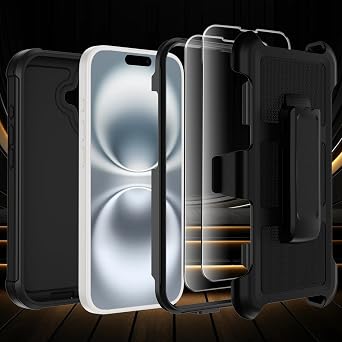 for iPhone 16 Case with Belt Clip Holster & Kickstand,Military Grade Drop Tested Shockproof Heavy Duty Rugged Cover,w/2X Screen Protectors Defender Bumper Protective Cases for Apple 16 (Black)