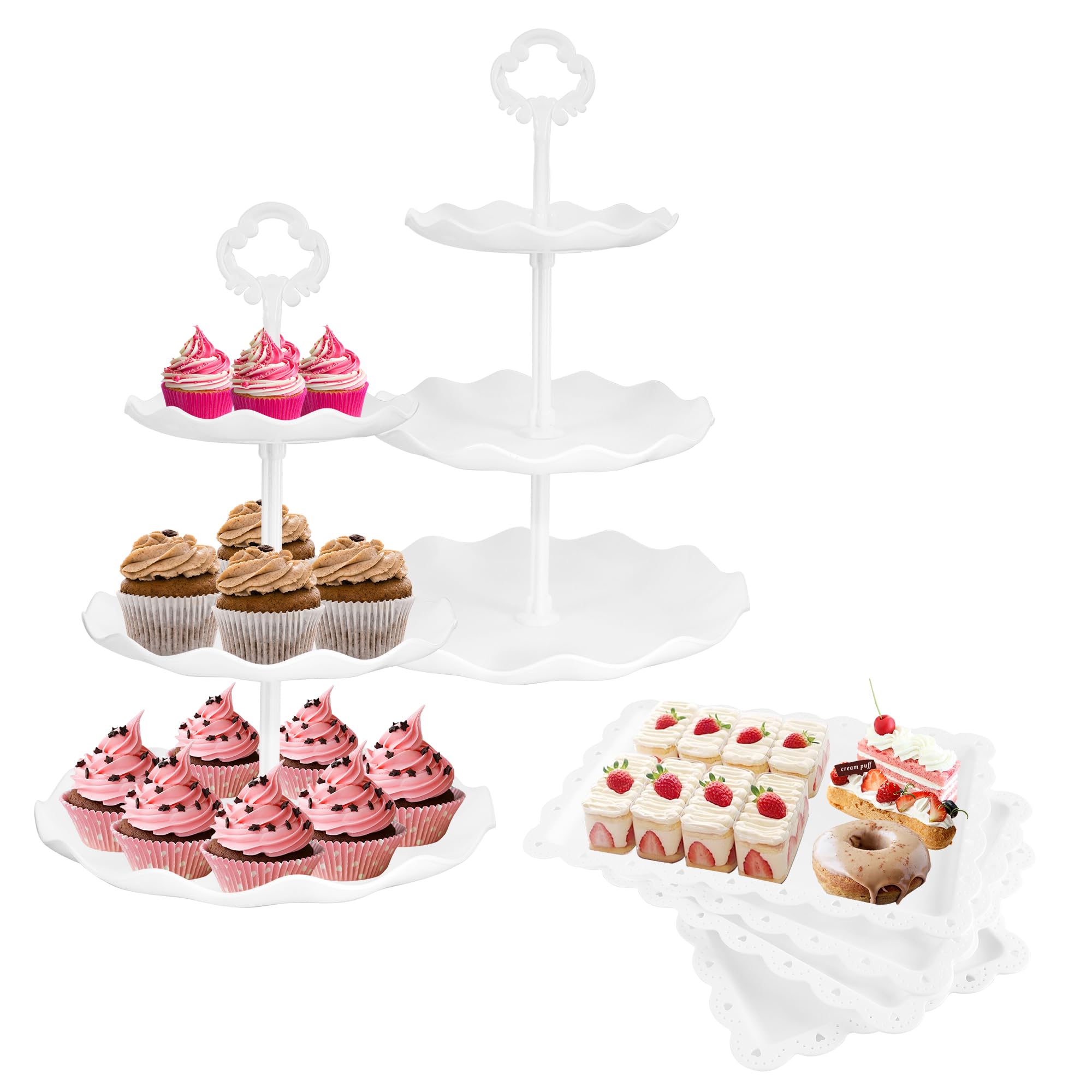 Photo 1 of 6 Pcs Cupcake Stand White Dessert Table Display Set 2 Pcs 3 Tier Plastic Cake Stand Holder 4 Pcs Dessert Serving Tray Cookie Platter Rack Tower for Tea Party Wedding Baby Shower
