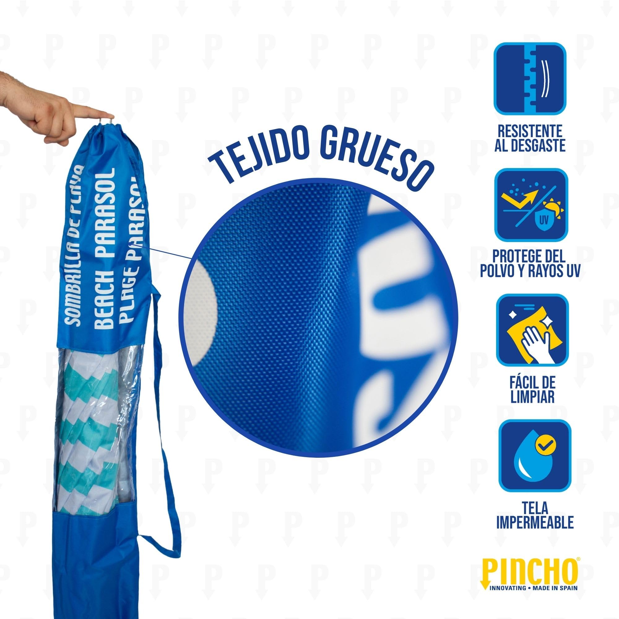 Fodero Ombrellone da Spiaggia - PINCHO - Sacca x Ombrellone, Porta Ombrellone da Spiaggia, Borsa Trasporto Resistente Impermeabile con Manico e Finestra Trasparente - Blu 117x25 cm, fino a 240 cm