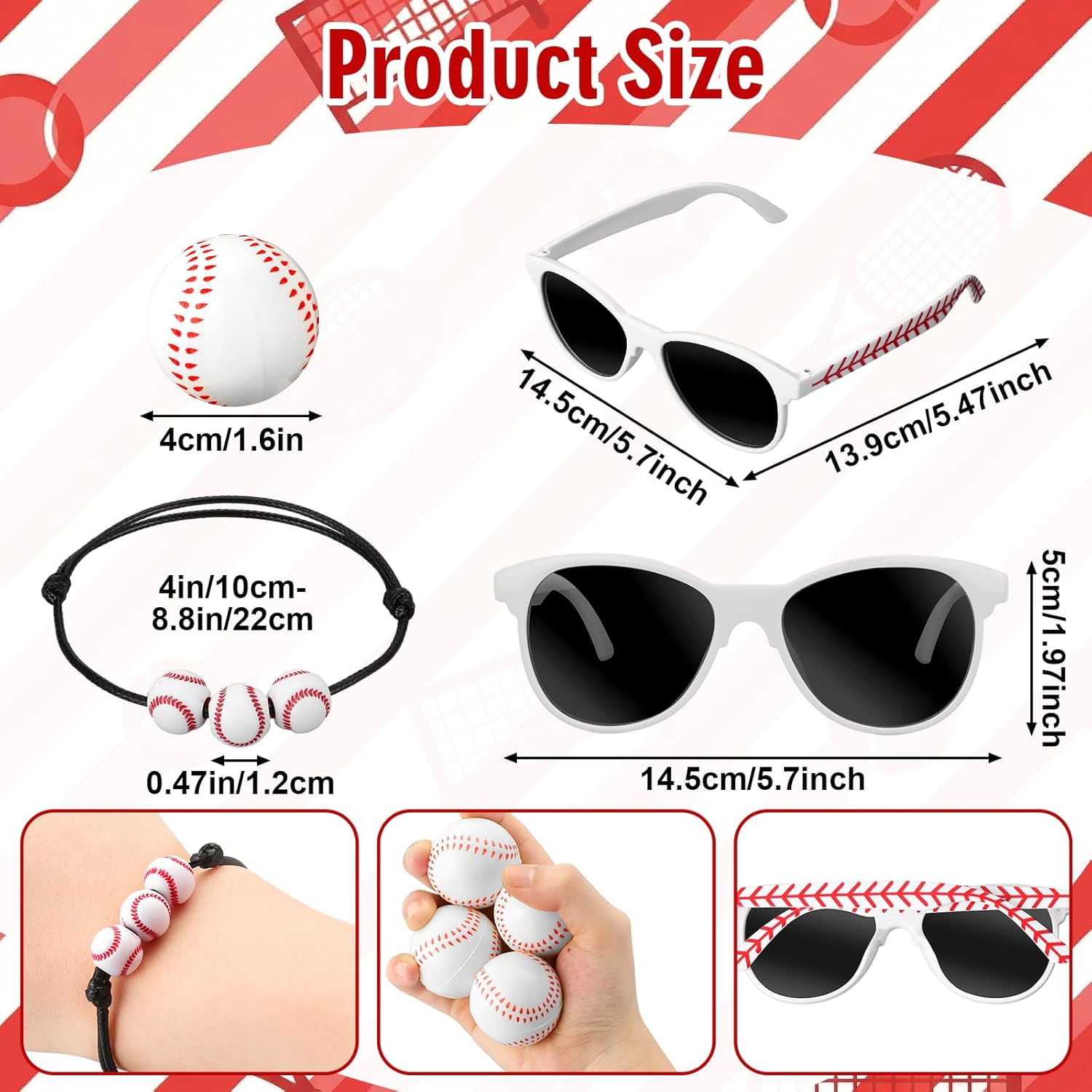 72 Pcs Baseball Party Favors Bulk Baseball 2026 Senior Night Gifts, 24 Baseballs Glasses 24 Baseballs Stress Balls 24 Bracelet Team Rewards Sport Birthday Party Decor for Women Men