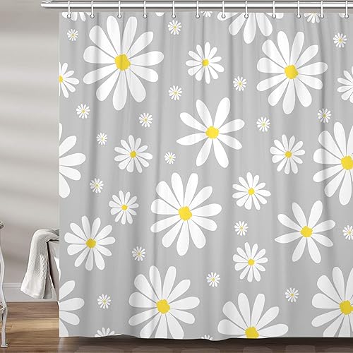 Miniatura 11 de Cortina de ducha floral con margaritas verdes, bonito juego de cortinas de ducha de tela de flores retro bohemias blancas y verdes para niñas,