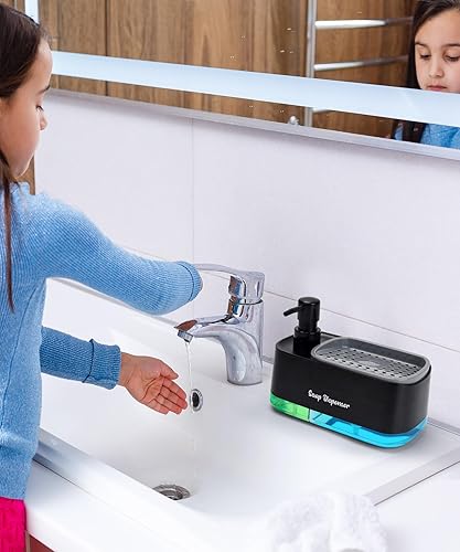 Miniatura 7 de Juego de dispensador de jabón para manos y platos para cocina, dispensador de jabón doble con soporte para esponja, dispensador de bomba de jabón 3