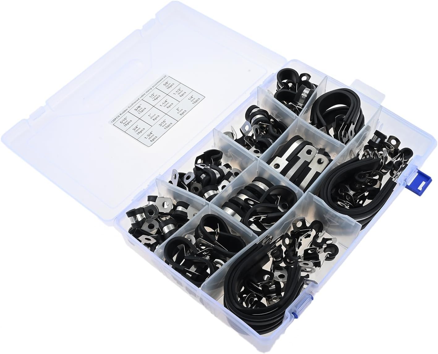 dophee 125Pcs Cable Clamps Assortment Kit 12 Sizes 304 Stainless Steel Wire Clips Rubber Insulated Cushioned Pipe Hose Clamps 3/16" 1/4" 5/16" 3/8" 1/2" 5/8" 3/4" 1" 1-1/4" 1-1/2" 1-3/4" 2"