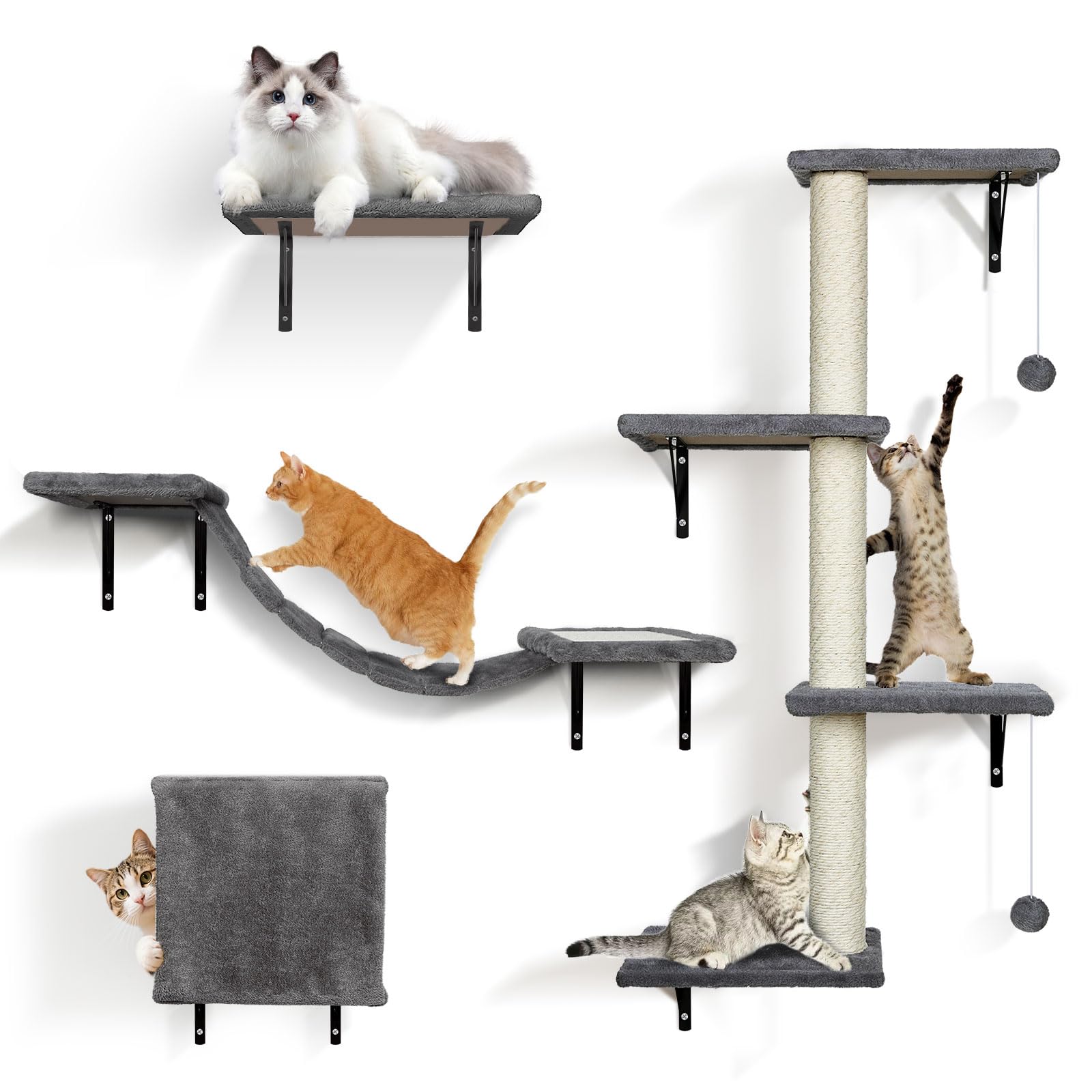 Masthome Étagère Murale pour Chat, Mur d'escalade pour avec Balle, 4 pièces Meubles Muraux pour Chat,Stable pour D'intérieur Jusqu'à 10 kg (Gris)