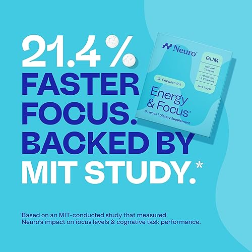Vista 8 de Neuro Energy & Focus Gum - Goma de mascar de cafeína natural de 40 mg y suplemento energético nootrópico con L-teanina y vitaminas B, sin azúcar