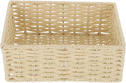 VOSAREA Cesta de almacenamiento de ratán con tapa, cuerda de papel, organizador de escritorio, cesta de mimbre para dormitorio, organizador de