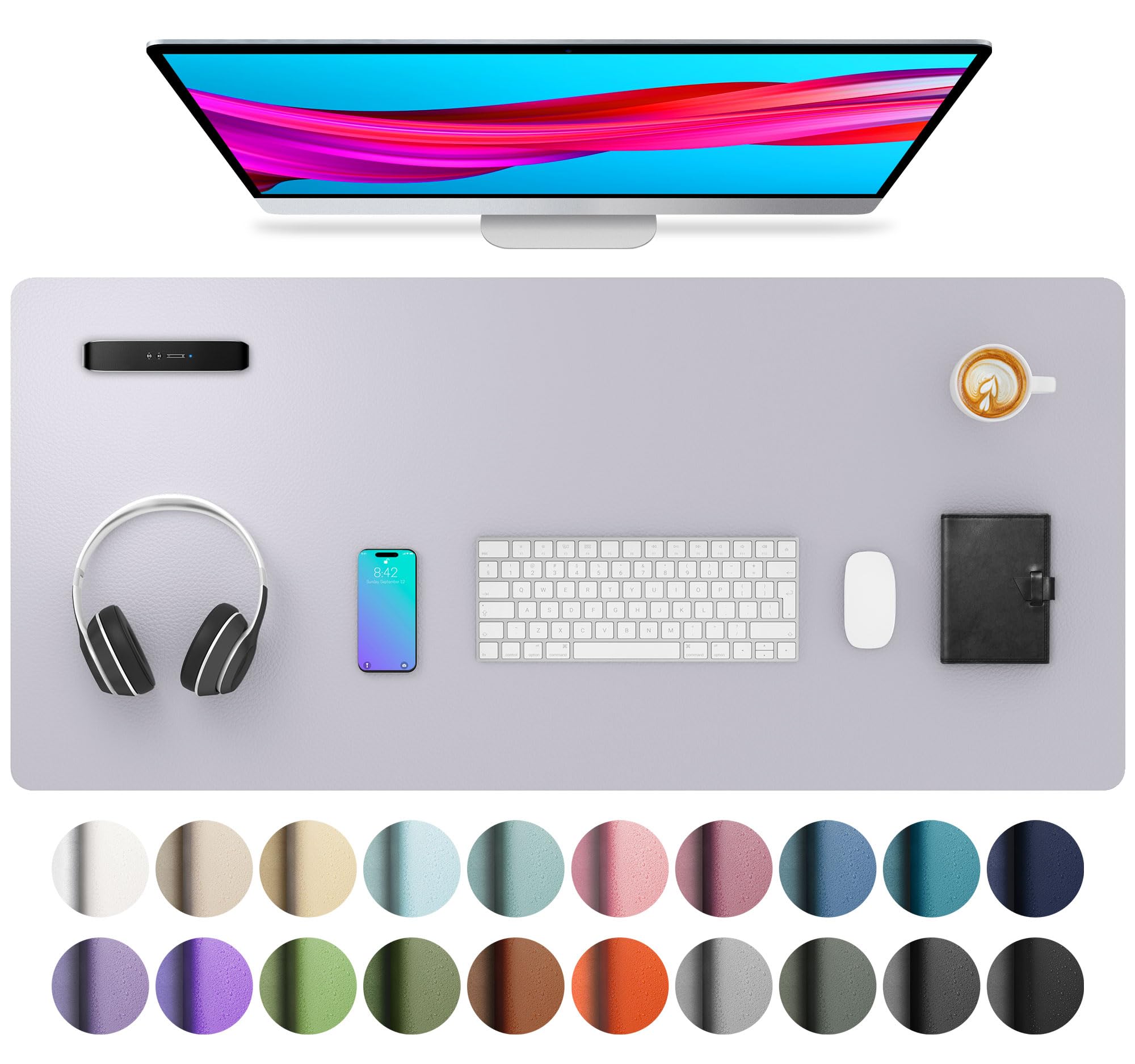 Aothia Large PU Leather Desk Pad Protector - Non-Slip Mouse Pad &amp; Writing Mat for Office/Home, Waterproof, Easy to Clean (36" x 17", Smoky Lavender)