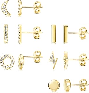 6 Pairs Sterling Silver Stud Earrings Hypoallergenic Earrings Stud Bar Circle CZ Stud Earrings Tiny Stud Earrings Set 14K Gold Plated Cartilage Earrings Studs for Women