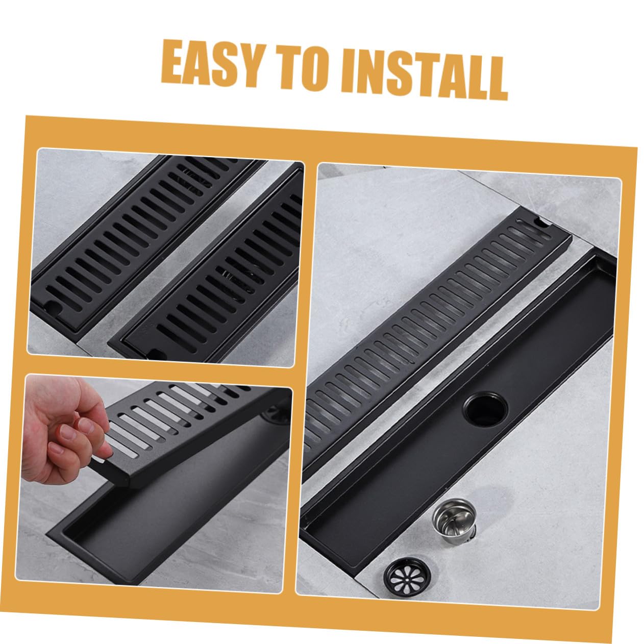 Schwarzer Edelstahl Bodenablauf Rechteckiger Linear Shower Drain mit Geruchsverschluss für Küche Hotel Dusche Langlebig Rostfrei Einfache Montage Haarsieb Integriert