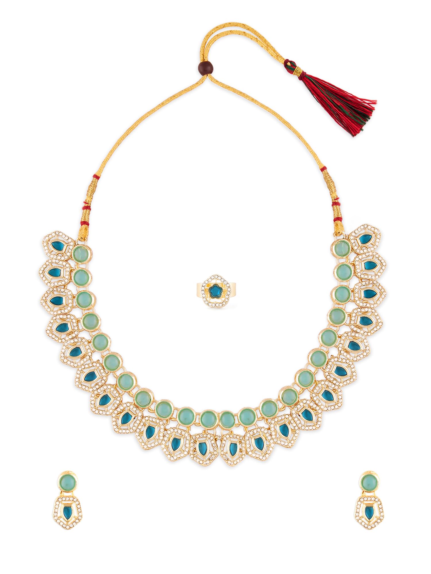 ZAVERI PEARLS Turquoise Blue Stones Dazzling Austrian Diamonds Choker Necklace Earring & Ring Set For Women-ZPFK17603 (B0CX1C4HH9) Amazon Price History, Amazon Price Tracker