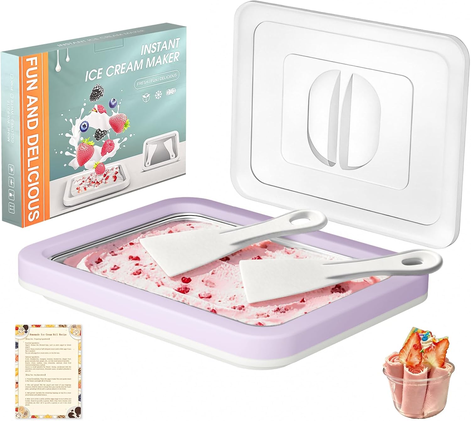 Rolled Ice Cream Maker Kit with Lid, 2 Spatulas & Recipe Guide - Instant Freeze Tray for Homemade Roller Ice Cream, Fun Family Activities (Purple)