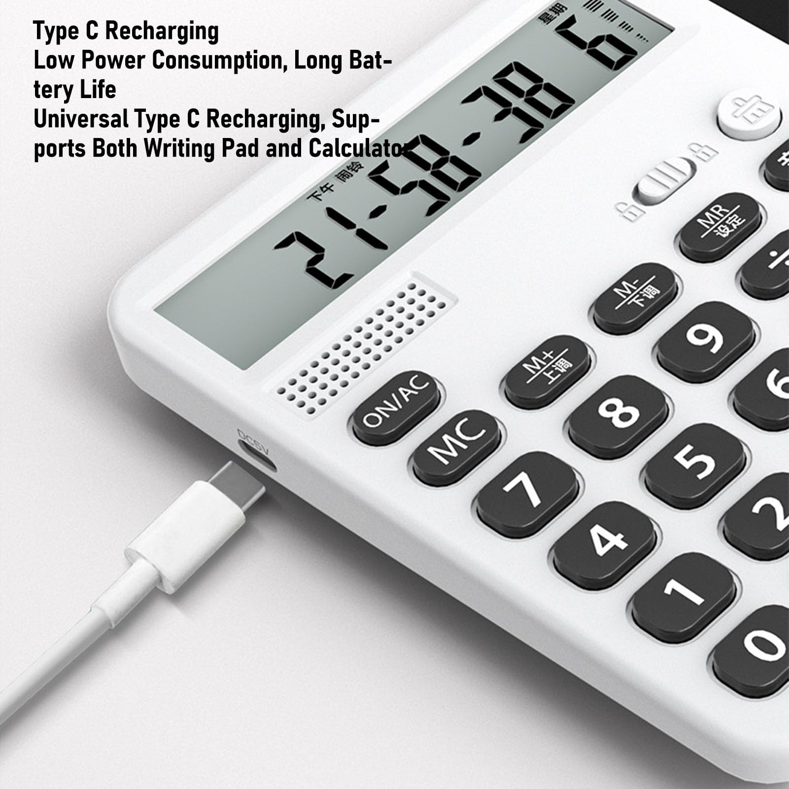 Denash Sprechender Taschenrechner, Wiederaufladbarer Schreibblock-Rechner mit Notizblock, Großes Display für Geschäft, Schule und Arbeit (White)