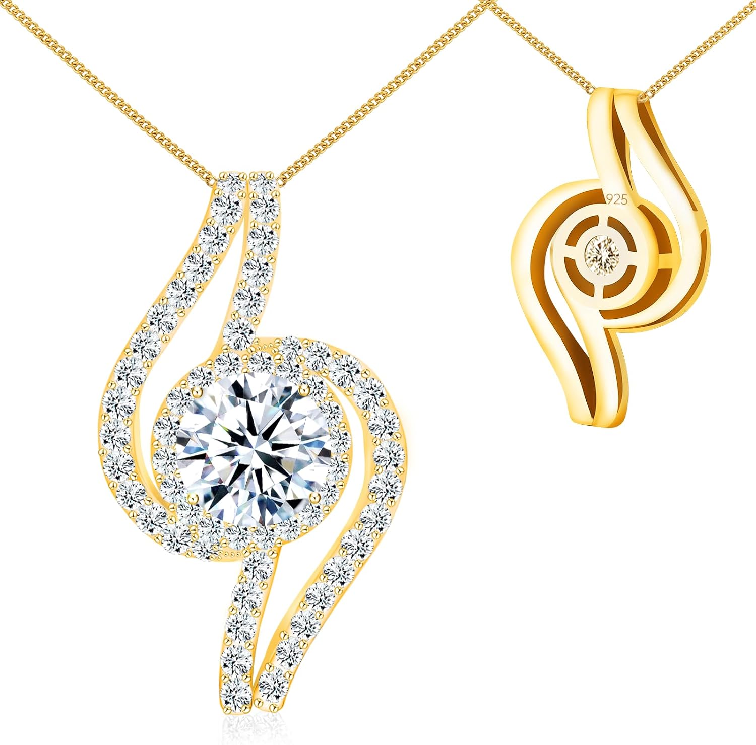 0.78 CT Round 0.55 CT Side Stones Brilliant Moissanite Diamond Pendant Necklace | S925 Sterling Silver Jewelry | Gold-Plated 18k Yellow | 18" Chain | Birthday Christmas Gift for Women Mom Girlfrend 