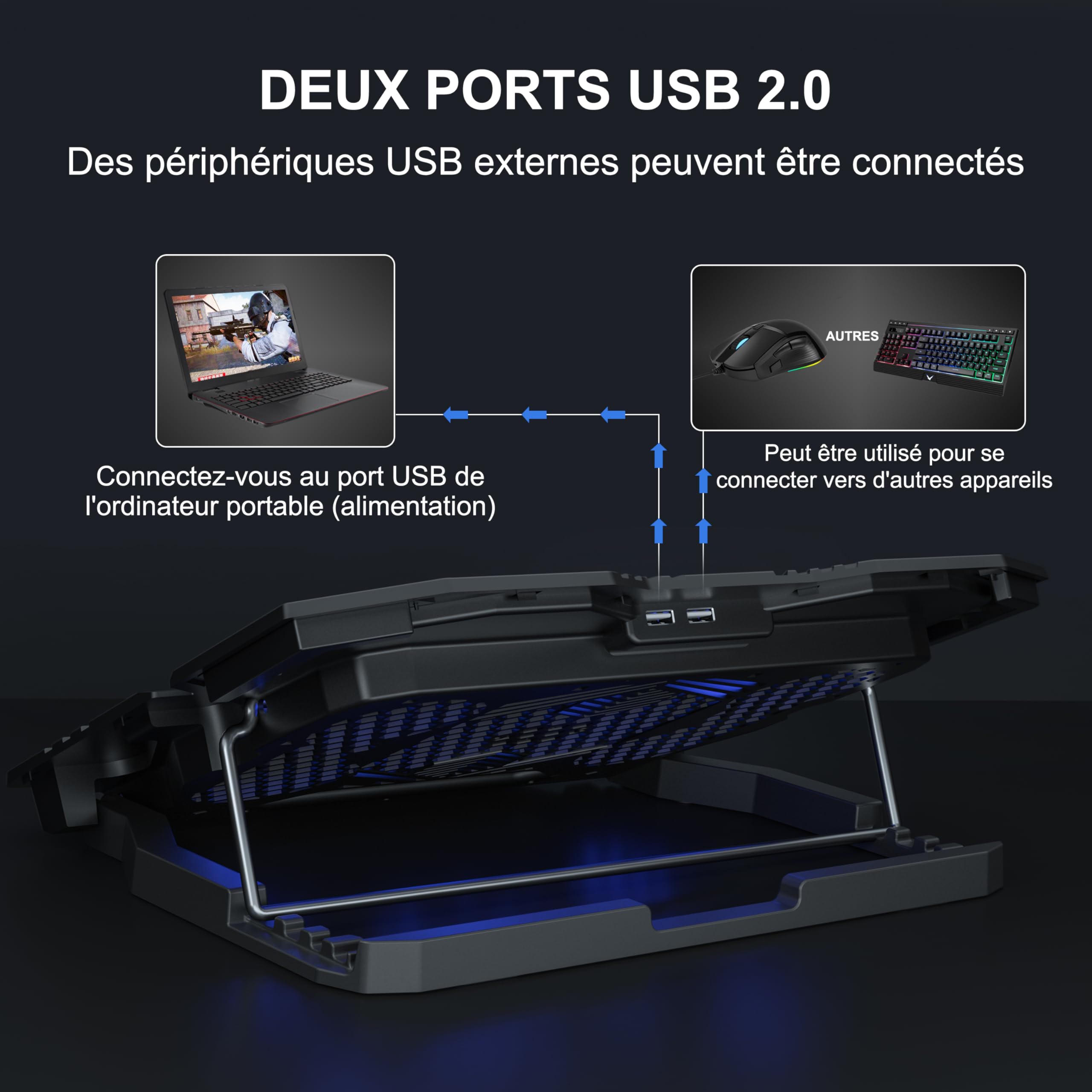 TopMate C5 Base de Refroidissement PC Portable Gamer 10-15,6 Pouces, 5 Ventilateurs Silencieux, LED Bleue, Contrôleur LCD