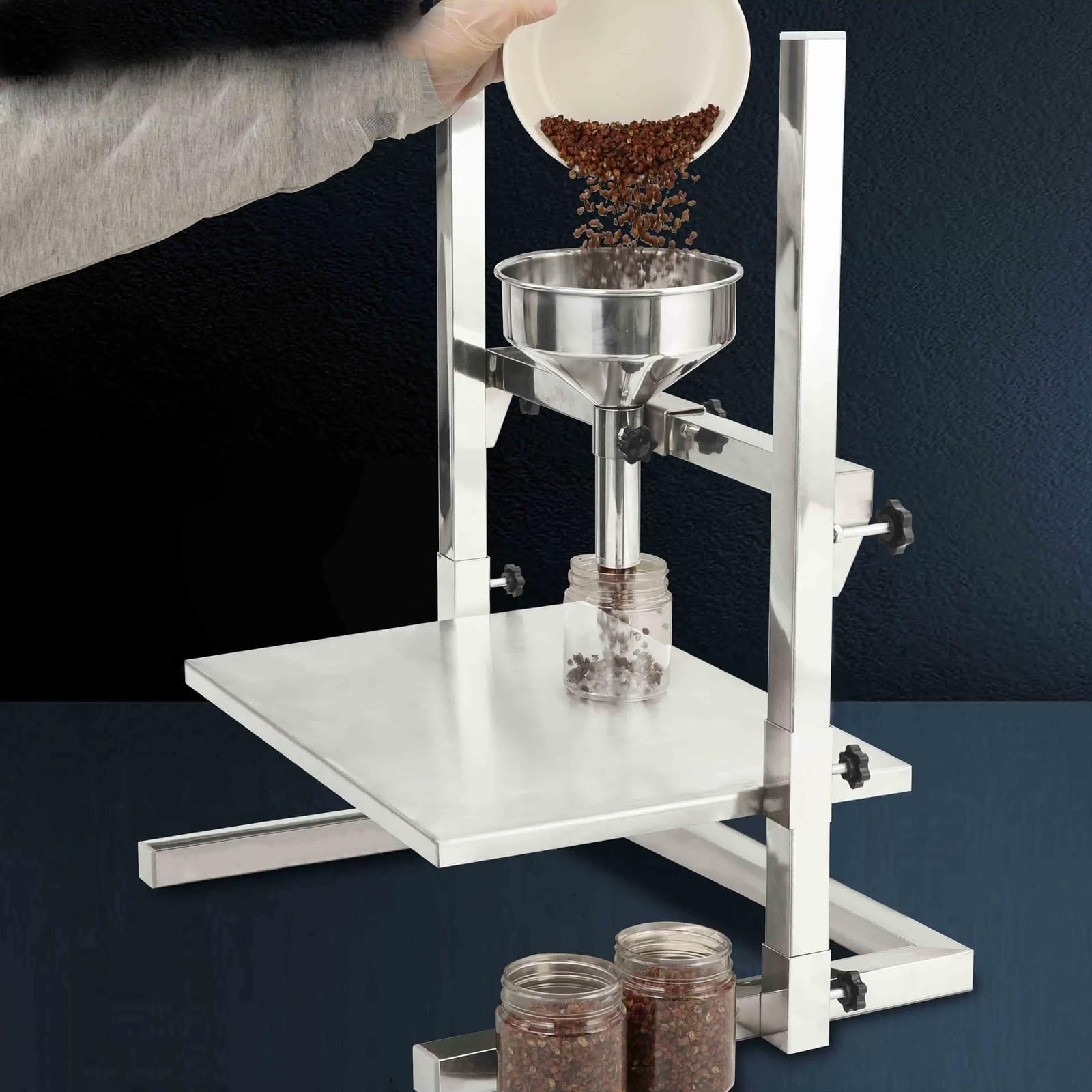 Tolva de alimentación de acero inoxidable, embudos dispensadores de gran diámetro con soporte y plataforma elevadora, máquina llenadora manual de boca ancha para envasado de polvos(2cm)