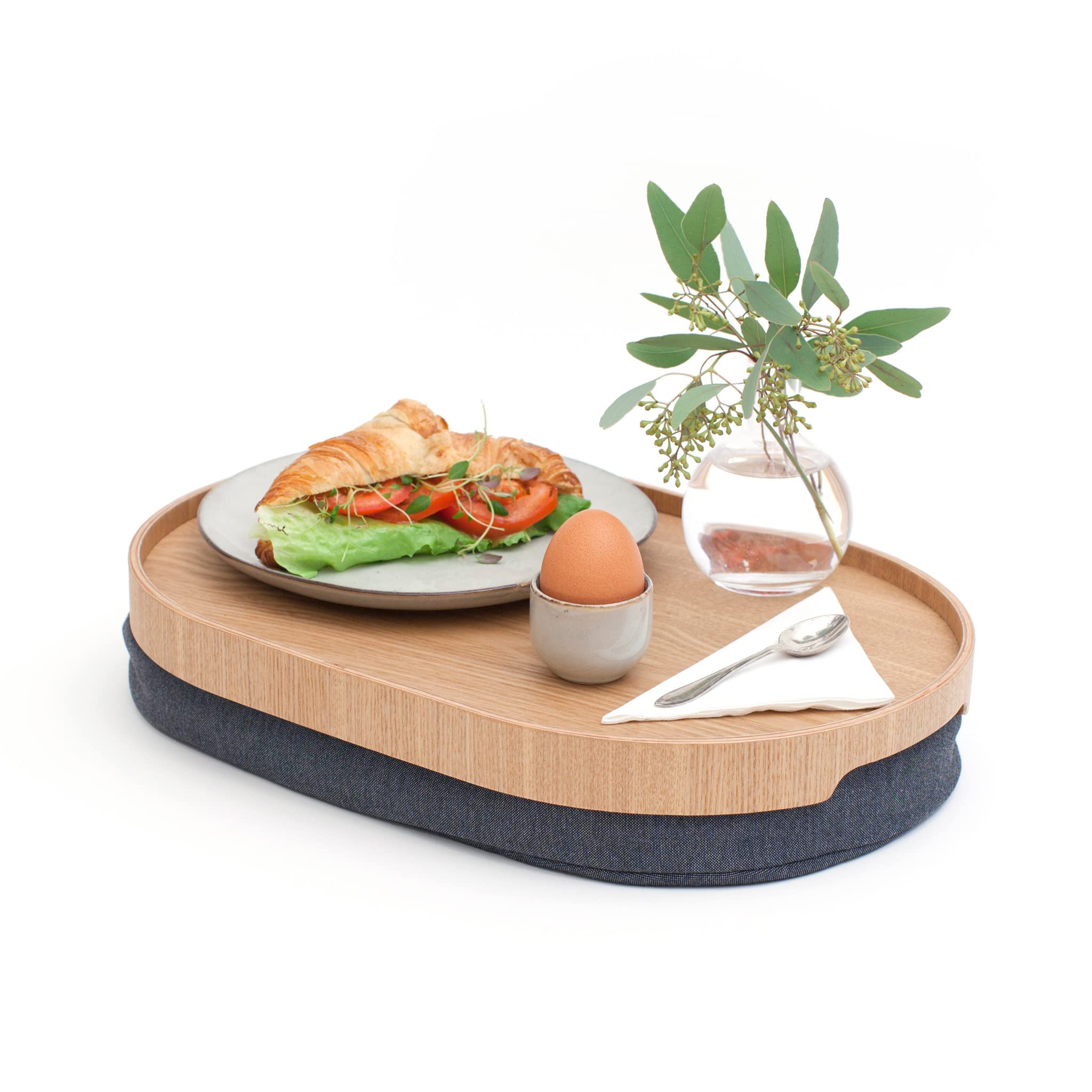 Bandeja portátil Multifuncional con cojín moldeable. para Ordenador portátil Desayuno Cena. Bandeja Antideslizante. Funda de Almohada Lavable extraíble. Almohada Gris. Natural. Mediano (39x26x6,5 cm)