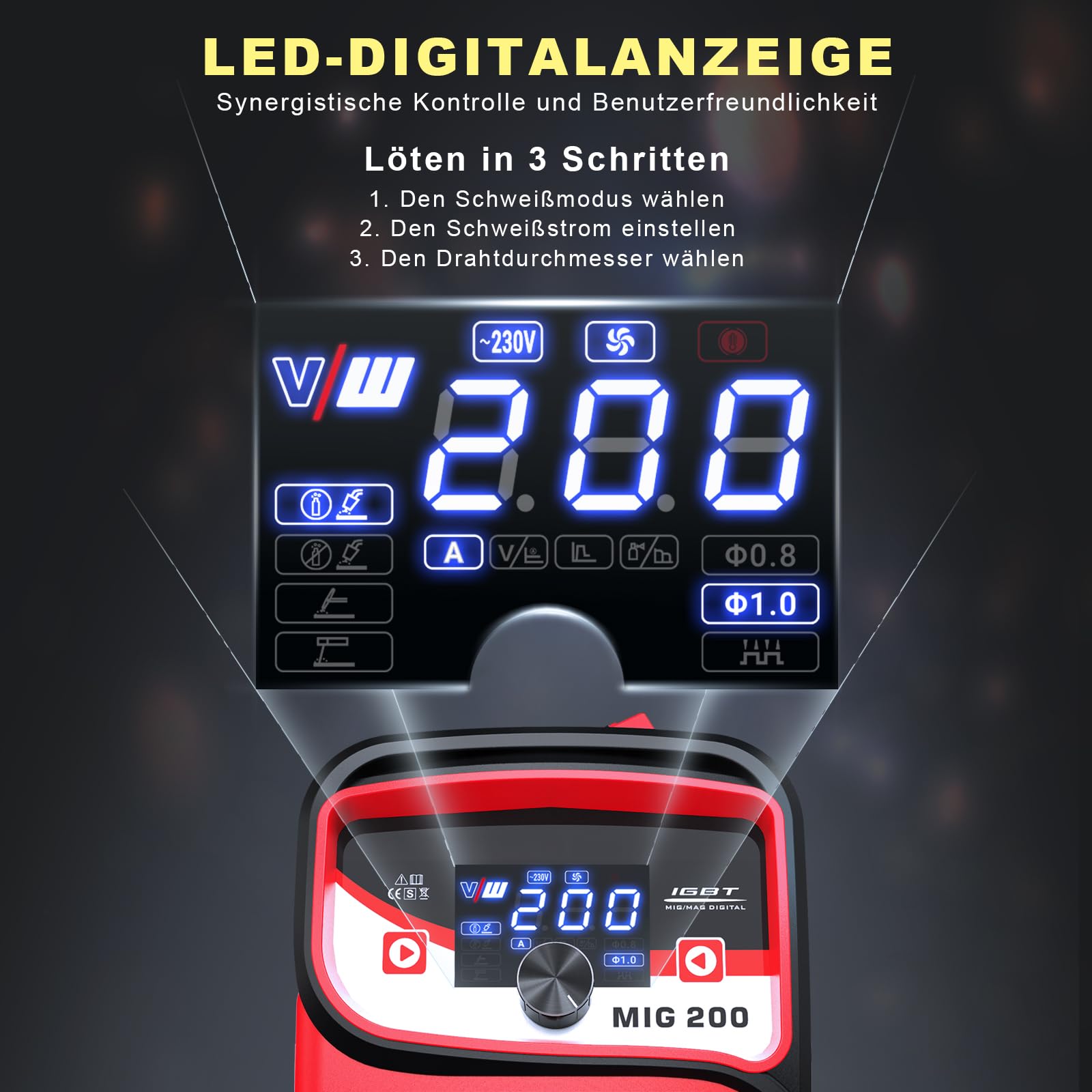 VECTOR WELDING MIG Schweißgerät 200 A Set, Fülldraht Schweissgerät, Elektrodenschweißgerät mit Digitales Display Leistungsstark für vielseitiges MIG, MAG und MMA Schweißen
