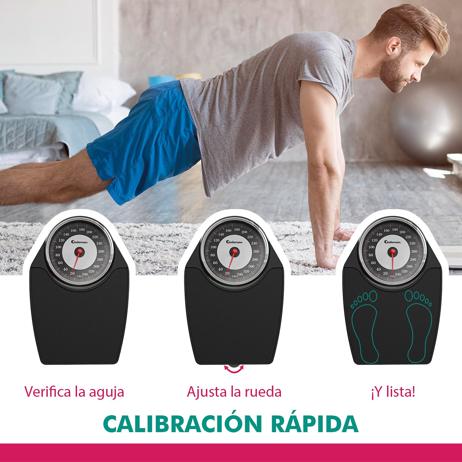 Adamson A24 - Báscula de baño analógica - NUEVO - Hasta 160 kg - Números grandes y base antideslizante - Balanzas para baño de alta precisión - 20 años de garantía - Para casa, dormitorio