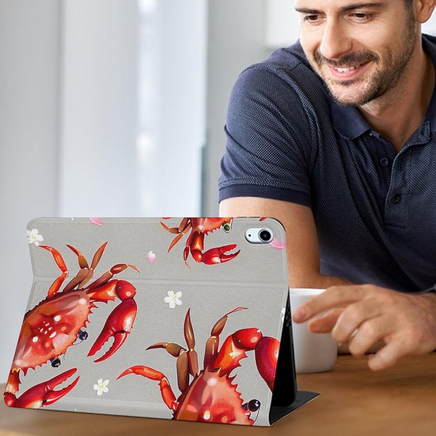 Seafood Marine Crabs Cherry Flowers Printed Case Trifold Stand Protective Cover Compatible with ipad Air5/air4 (10.9in) /ipad Pro 2018(11in)