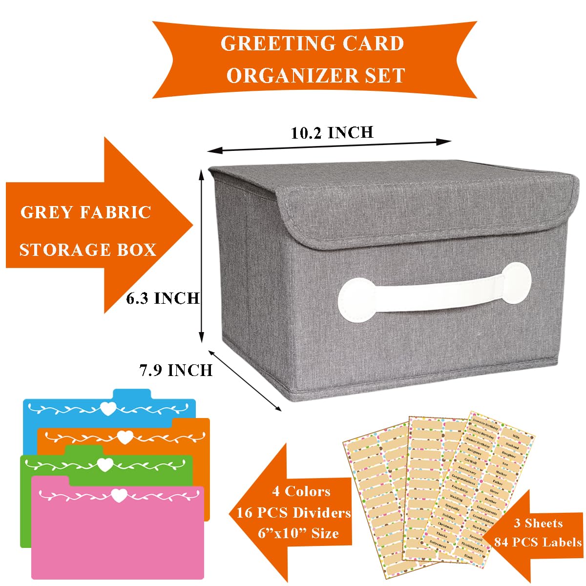 Greeting Card Organizer & Storage Box with 16 Pcs Adjustable Dividers, Storing 120+ Cards with 84 Pcs Labels (Grey - 1 Pack)