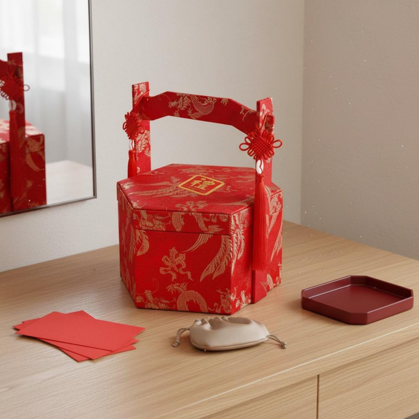 predolo Geldgeschenkbox edle Optik Brautgeschenk-Box dekorative Quaste rote Hochzeitsbox für Verlobung, Hochzeit, Hochzeitszeremonie, Geschenkbox Mit Dem Zeichen „Xi“ 喜