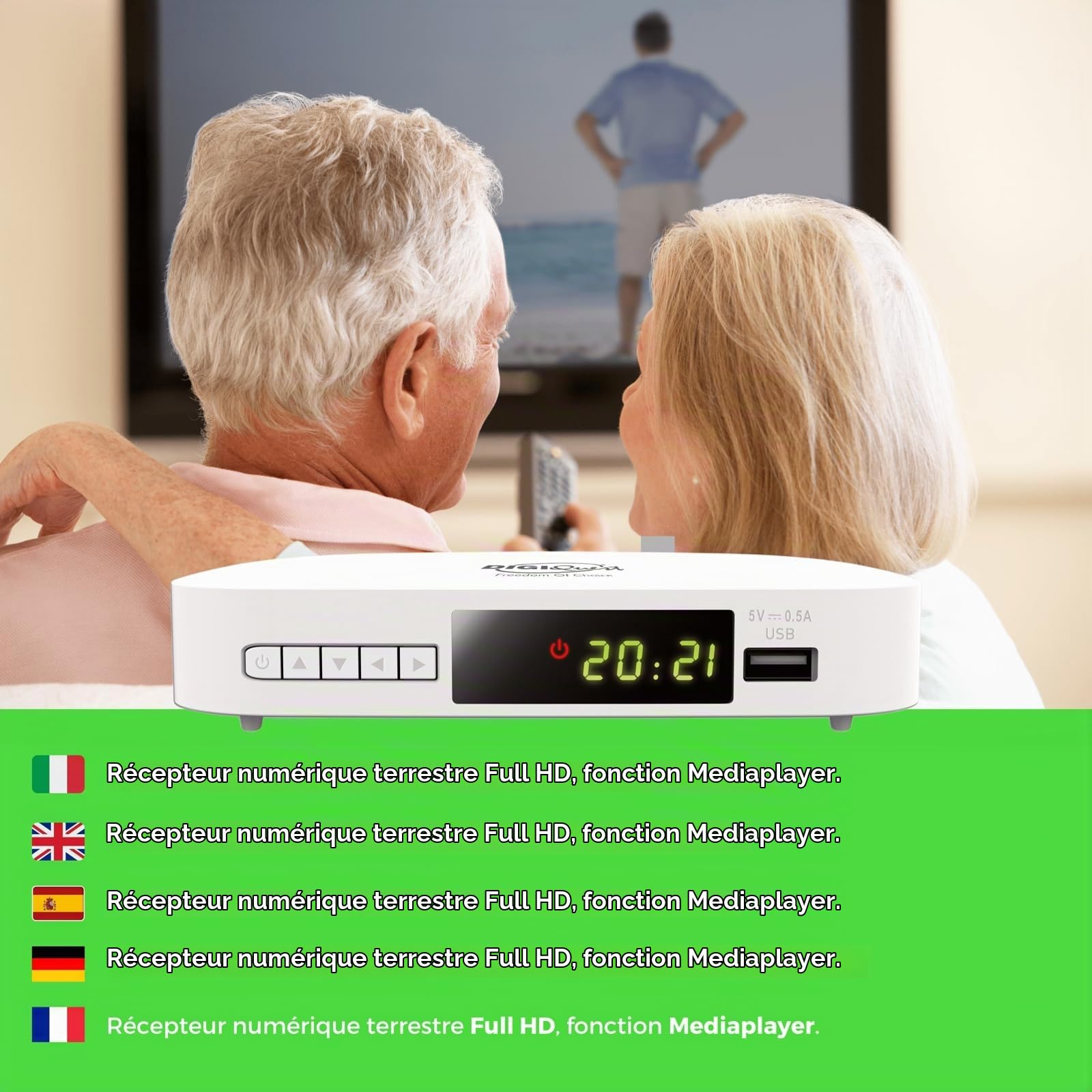 Digiquest Numérique Terrestre, XJ, DVB-T2, avec Double télécommande, Blanc