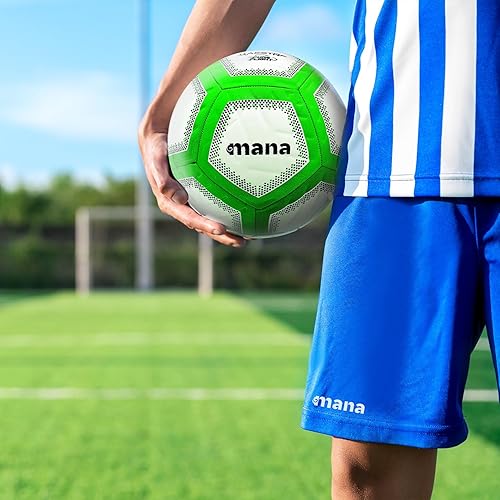Miniatura 6 de Mana Maestro Balón de fútbol tamaño 5, tamaño y peso oficiales, pelota de fútbol híbrida para adultos verde neón y negro, con costuras impermeables