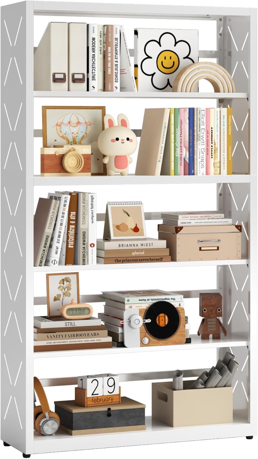 Book Shelf, 5 Tier Metal Bookshelf with Adjustable Shelves, Open Shelf Bookcase for Home Office & Living Room, CD Storage Racks, White 31" Wide