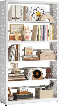 Book Shelf, 5-Tier Metal Bookshelf with Adjustable Shelves, White