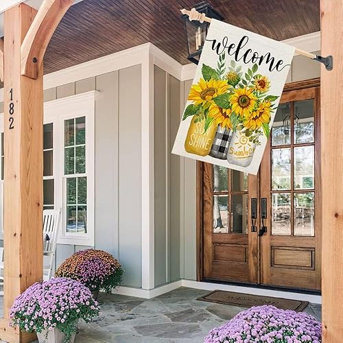 Miniatura 5 de CROWNED BEAUTY Bandera de casa de girasoles de verano, tarro de doble cara, 28 x 40 pulgadas, gran arpillera de arpillera de temporada, decoración