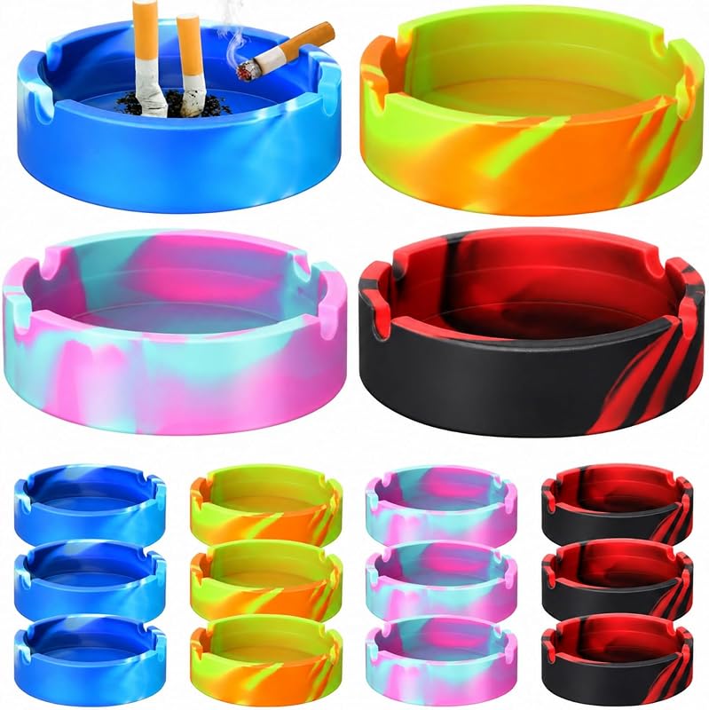 Threlaco 12 Pcs Ash Tray Silicone Ashtray Colorful Unbreakable Cigar Ashtrays for Home Hotel Office Outdoor Indoor Patio, 4 Colors(Round)