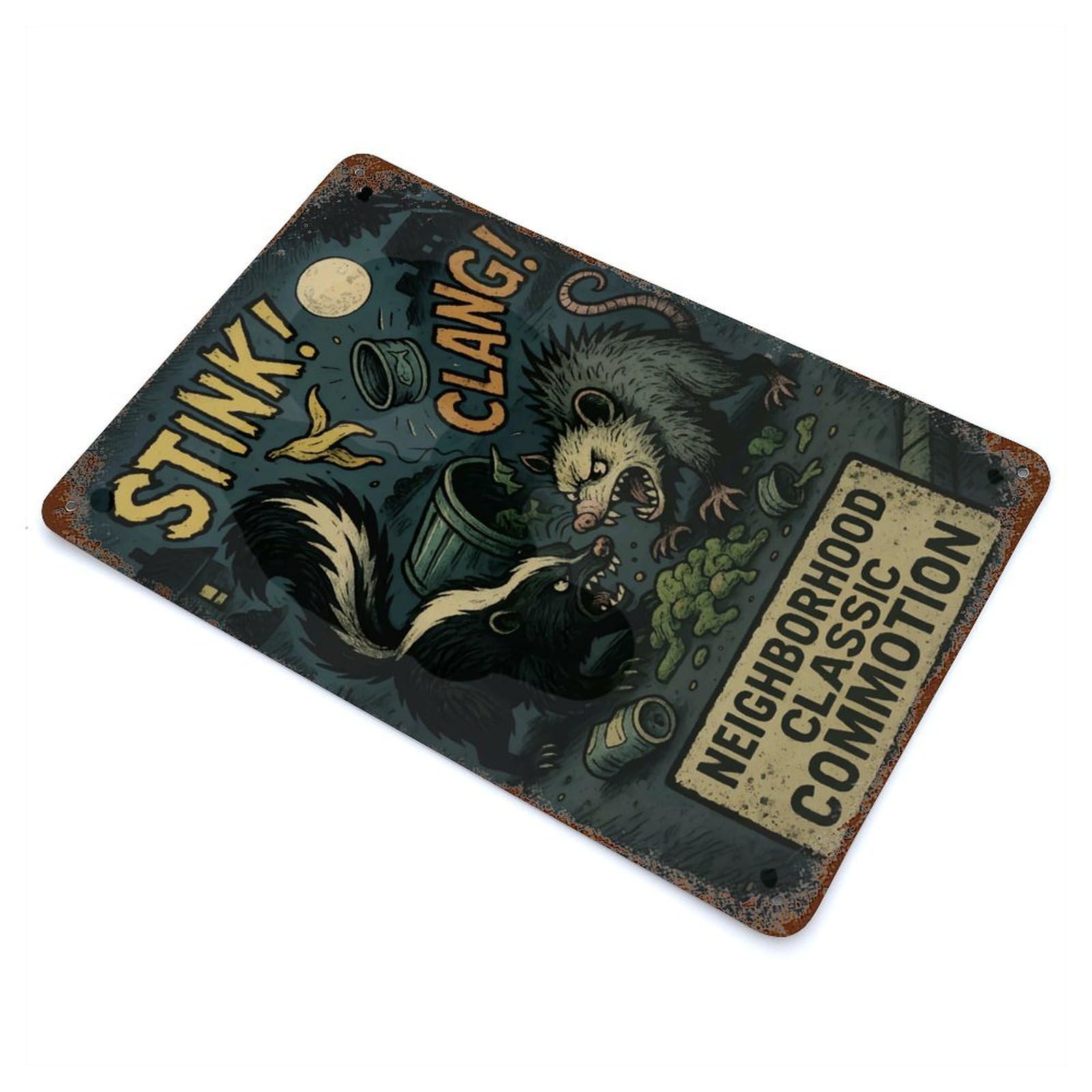 Neighborhood Classic Commotion Skunk Vs. Opossum 11.8"x7.9" Rustic Tin Plaque, Farmhouse Wall Decor for Basement, Hobby Room And Garage Decor