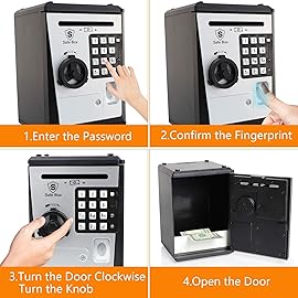 Lyght Mini ATM Savings Bank for Real Money, Electronic Voice Piggy Banks, Fingerprint Password, Kids Safe Box, Cool Stuff Gift for Boys and Girls Silver/Black