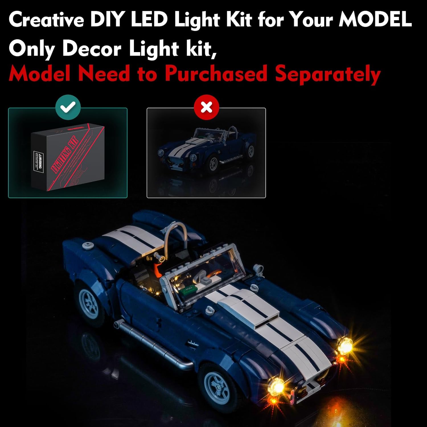 A Lego Shelby Cobra 427 S/C model with the LED light kit installed, showing illuminated headlights and interior lights.
